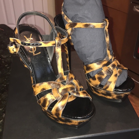 NIB Saint Laurent Tribute Leopard Calf Hair Sandal - Picture 2 of 6